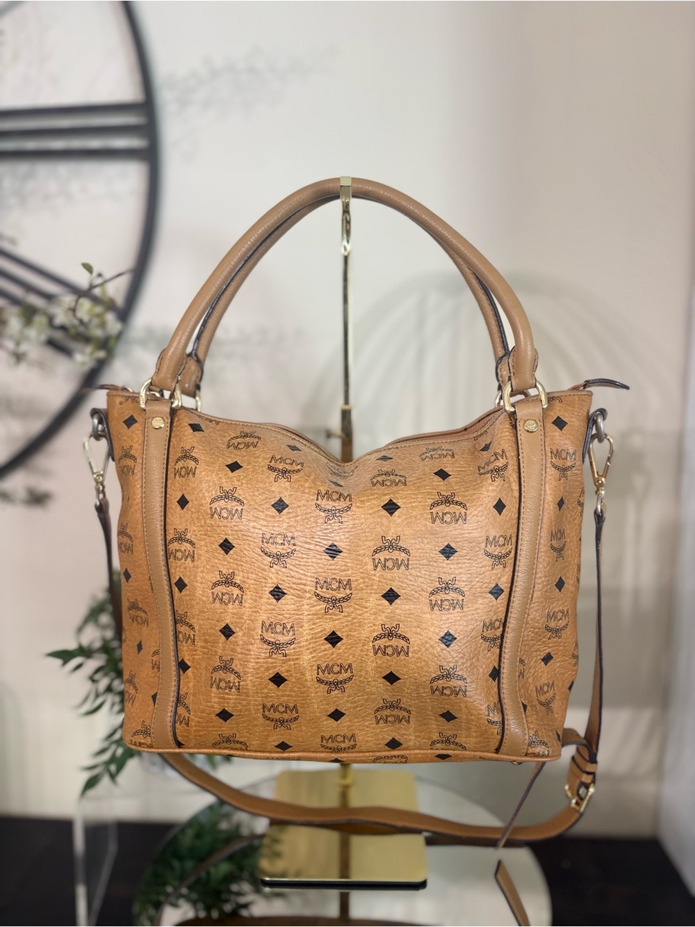 MCM Cognac Visetos Monogram Tote Bag Crossbody Shoulder - Picture 3 of 16